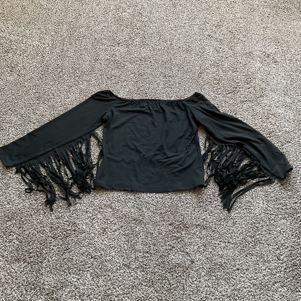 Off-Shoulder Black Fringe Bell-Sleeve Women's Top